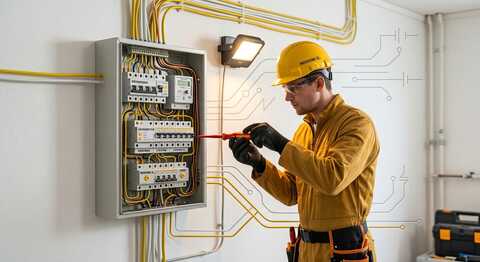 Elektriker fra Sørlandet Elektro AS arbeider på sikringsskap
